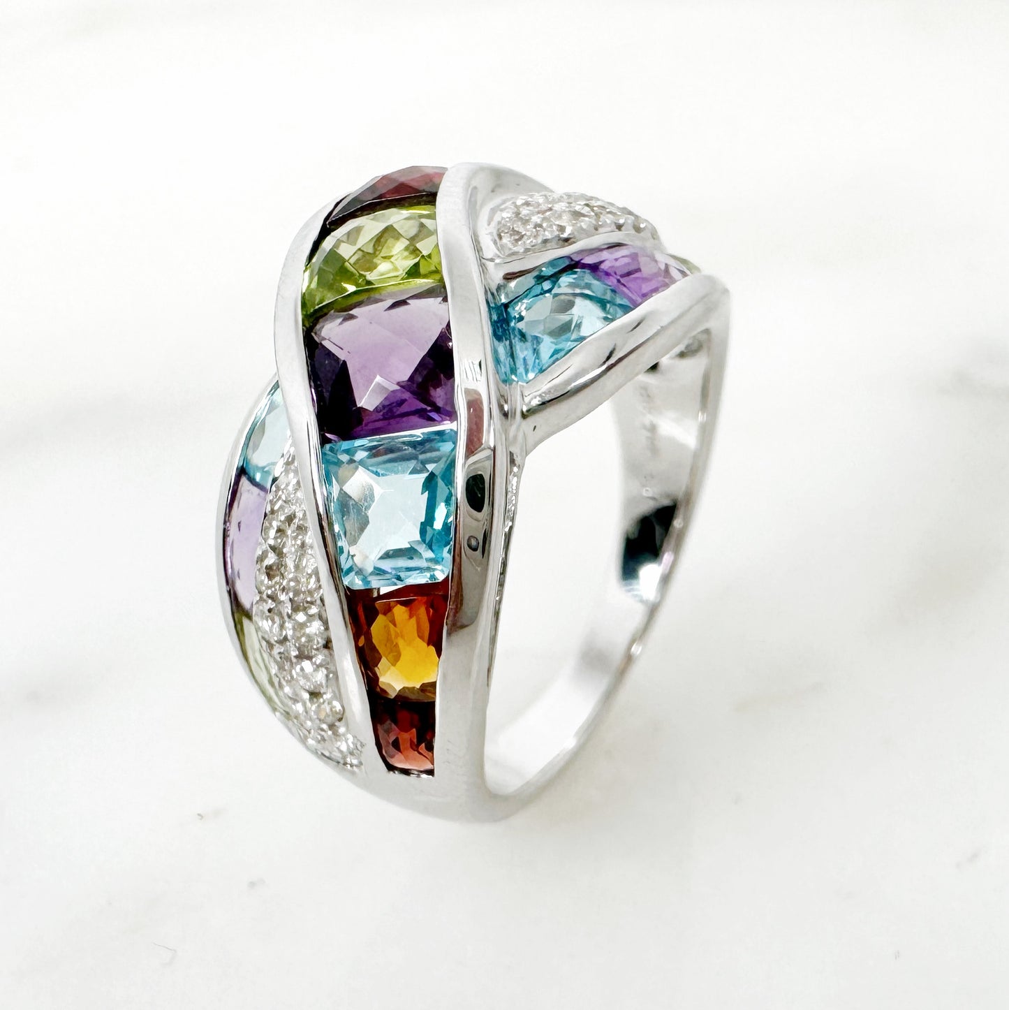 18K White Gold Freeform Multi-Gems Ring with Diamonds