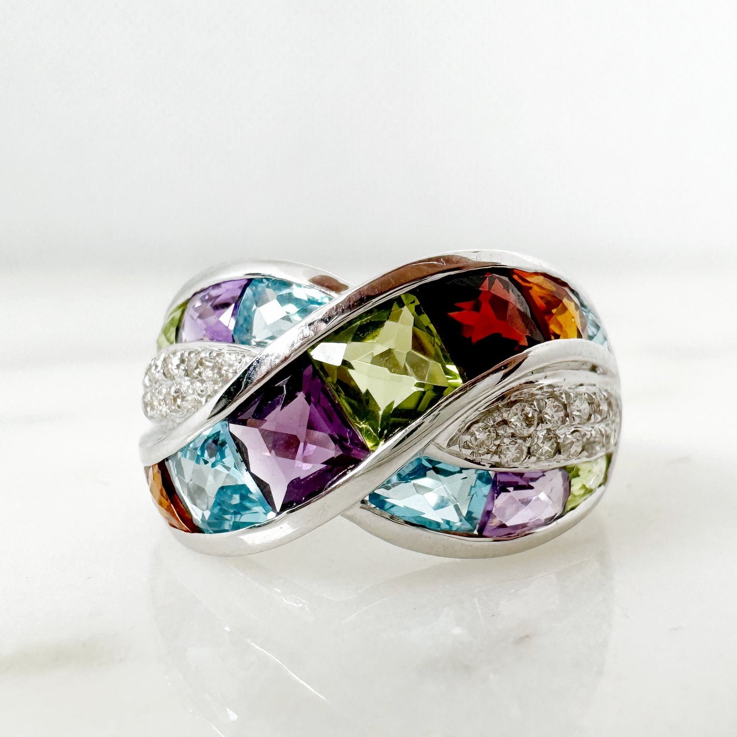 18K White Gold Freeform Multi-Gems Ring with Diamonds