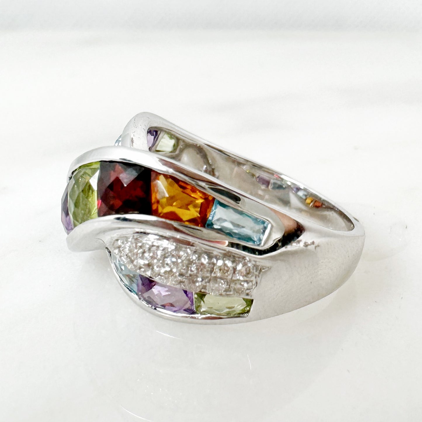 18K White Gold Freeform Multi-Gems Ring with Diamonds