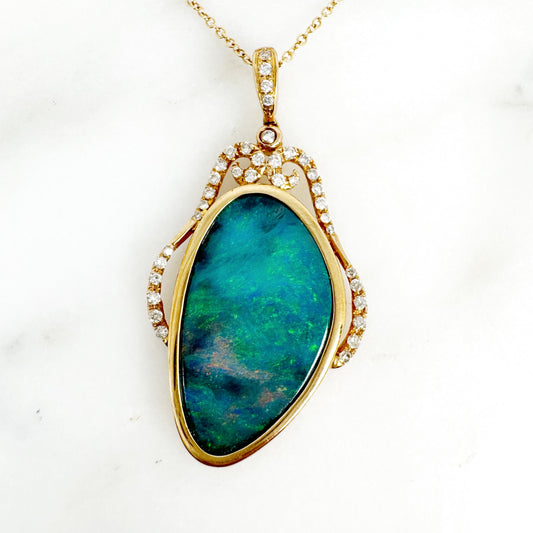 14K Yellow Gold Freeform Doublet Opal - Free Form Pendant with Diamonds