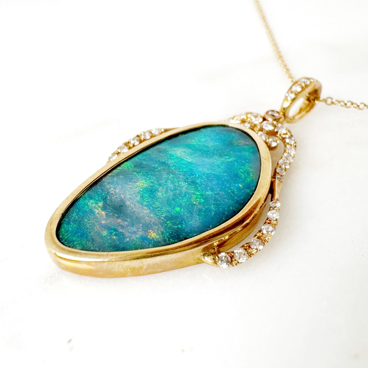 14K Yellow Gold Freeform Doublet Opal - Free Form Pendant with Diamonds