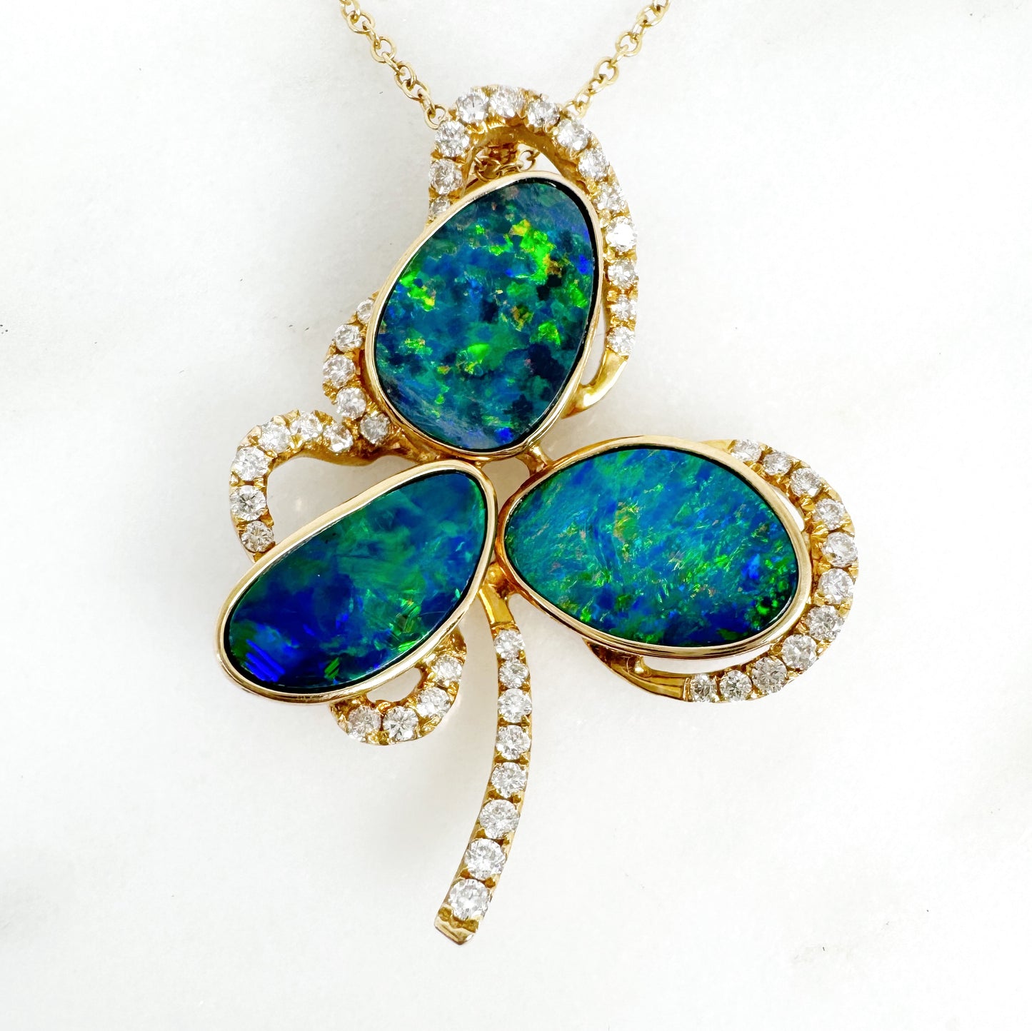 14K Yellow Gold Freeform Doublet Opal Pendant with Diamonds