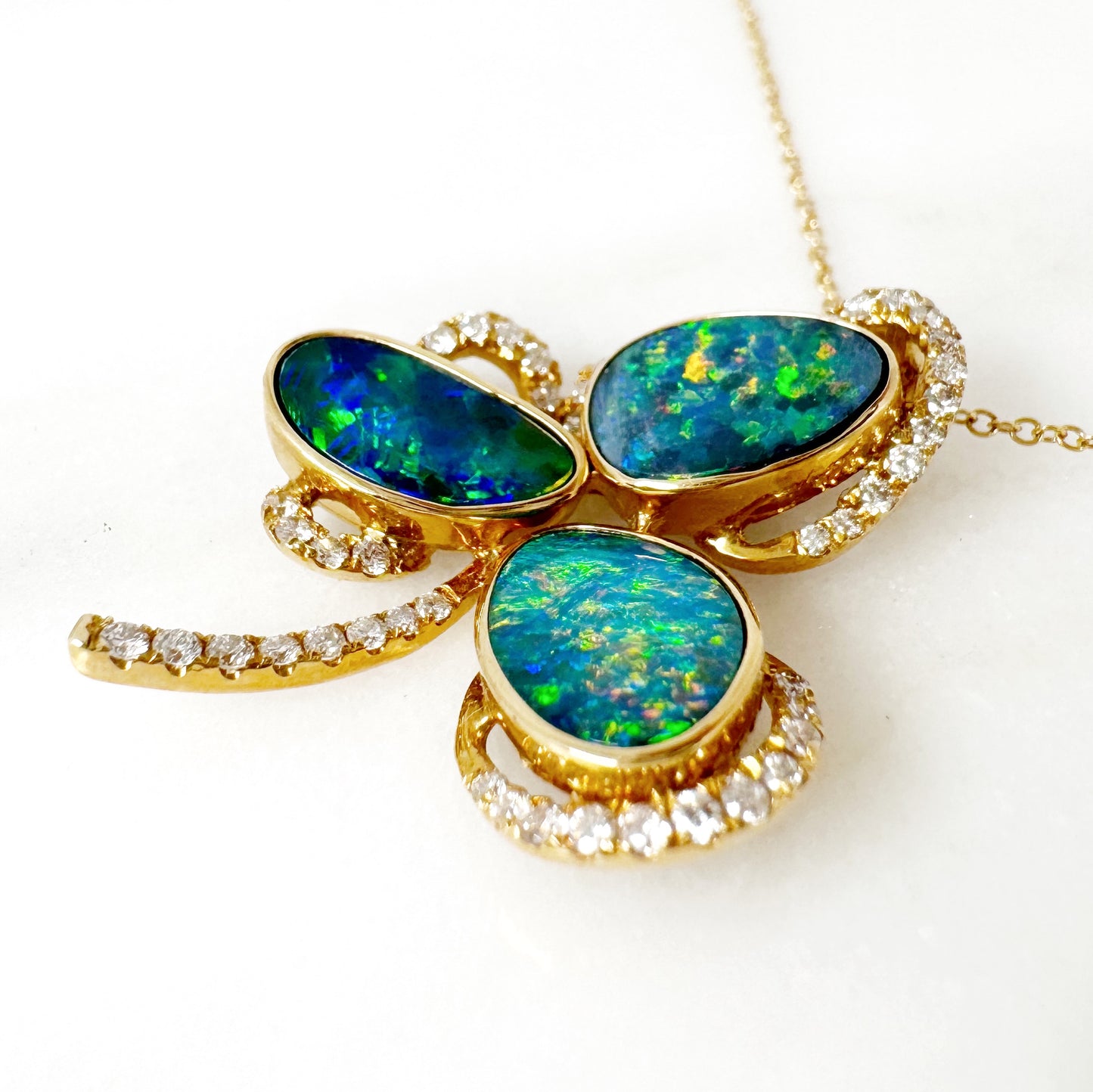 14K Yellow Gold Freeform Doublet Opal Pendant with Diamonds