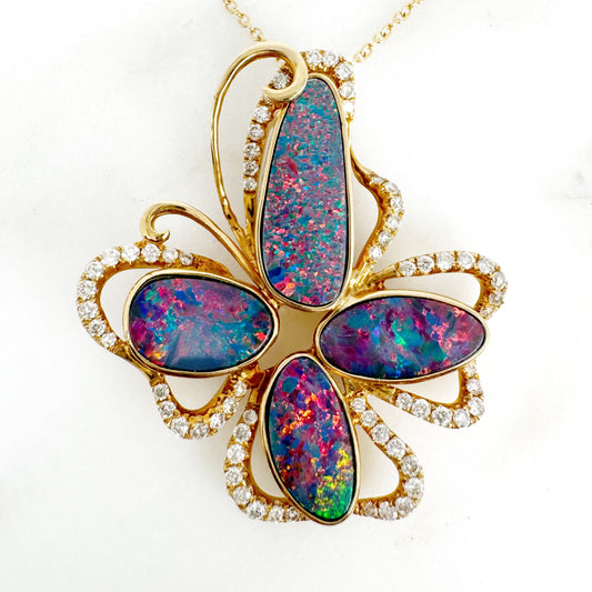 14K Yellow Gold Freeform Doublet Opal Pendant with Diamonds