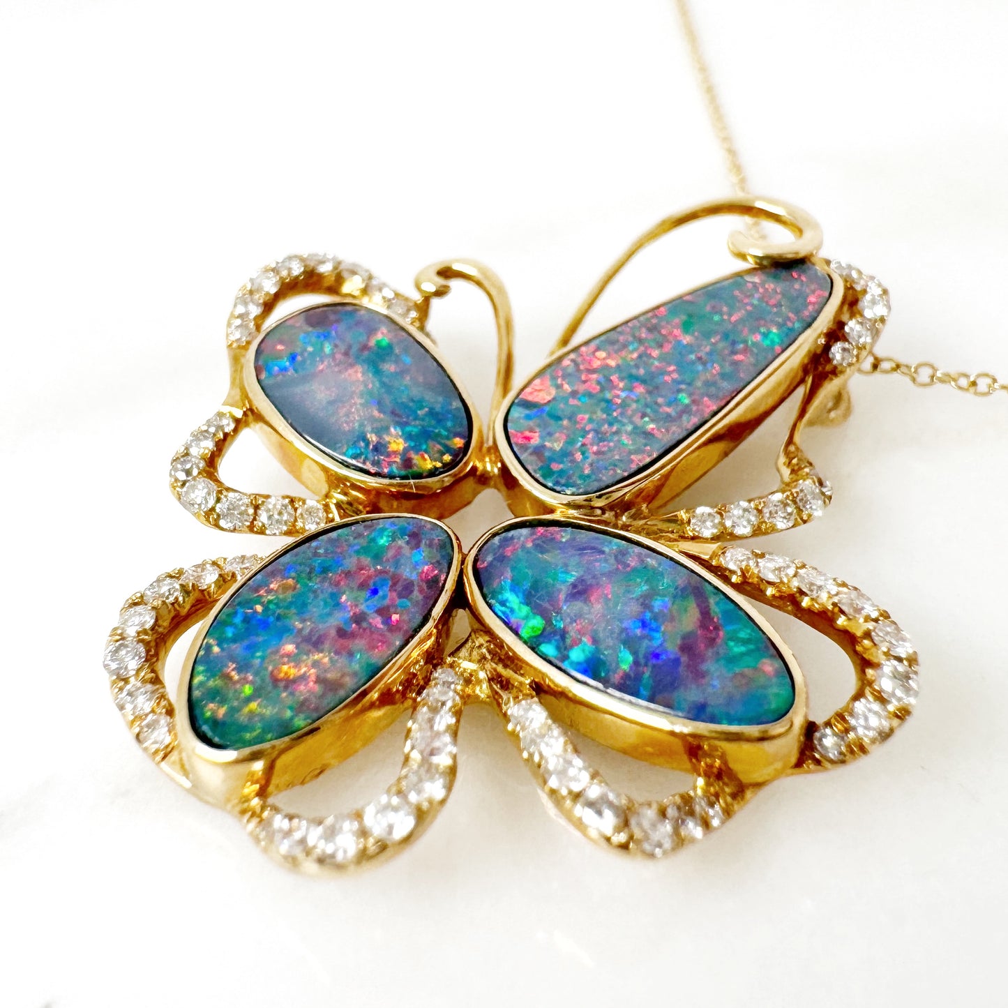 14K Yellow Gold Freeform Doublet Opal Pendant with Diamonds