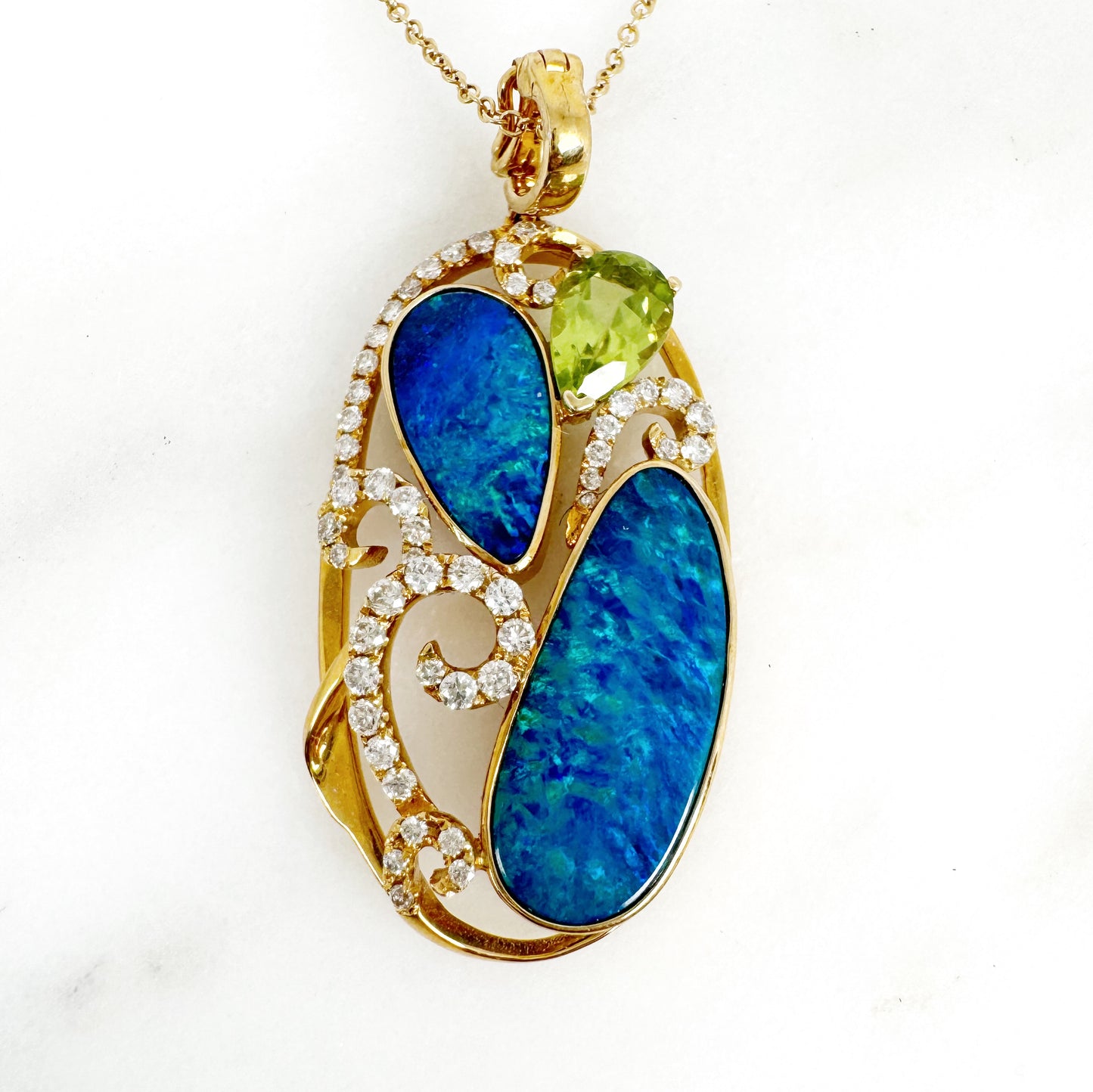 14K Yellow Gold Freeform Doublet Opal Pendant with Diamonds