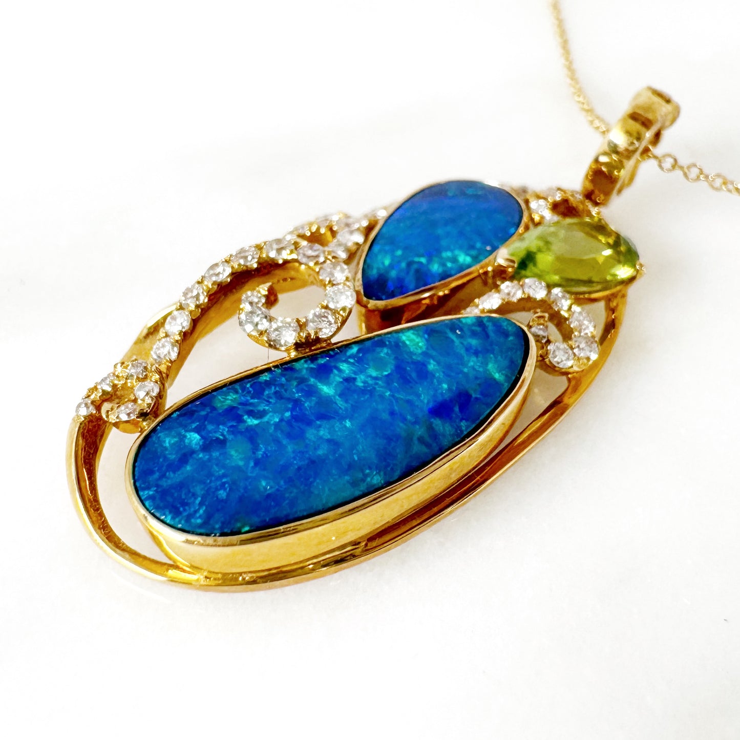 14K Yellow Gold Freeform Doublet Opal Pendant with Diamonds