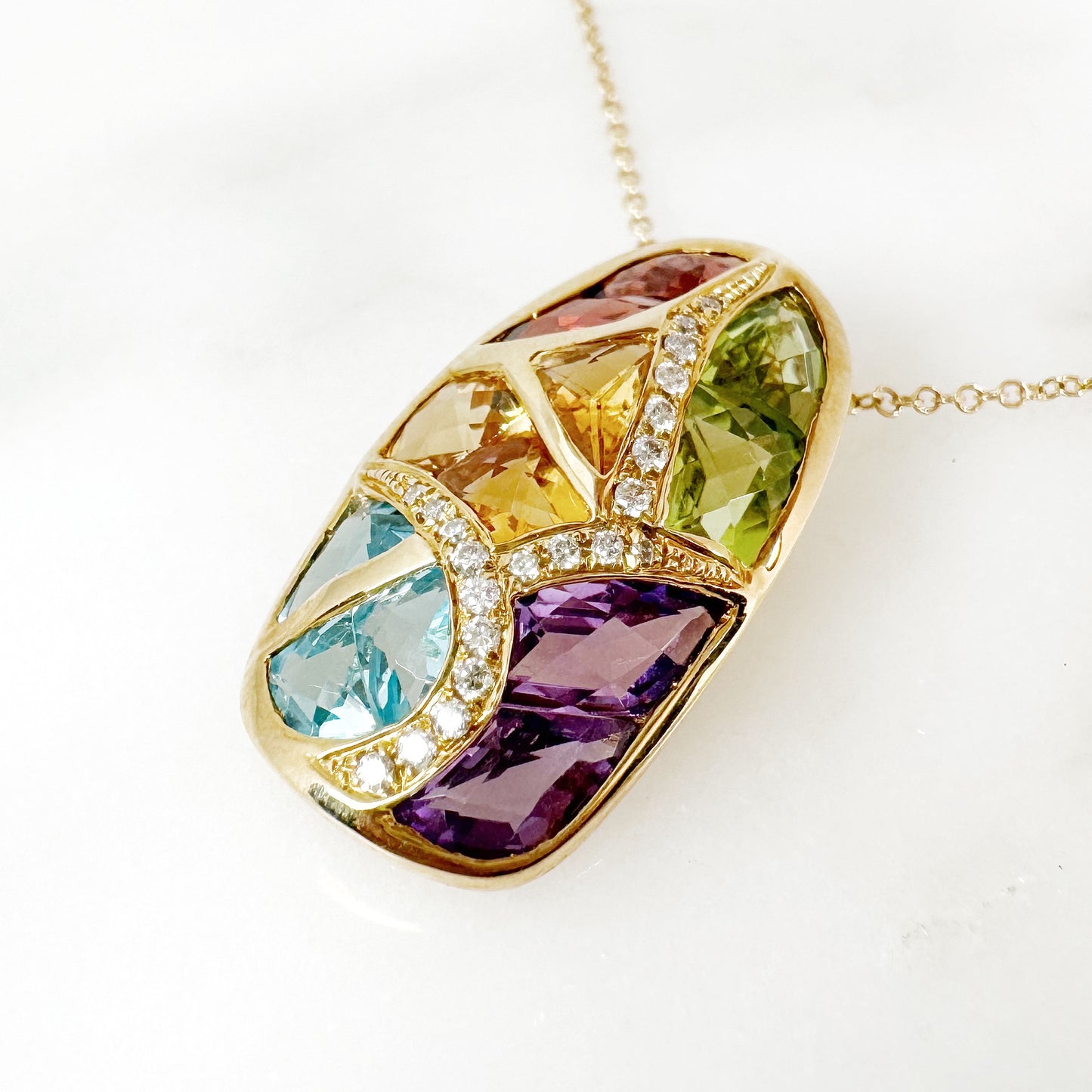 14K Yellow Gold Freeform Multi-Gems Pendant with Diamonds