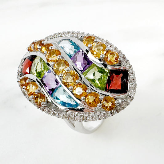 14K White Gold Freeform Multi-Gems Ring with Diamonds