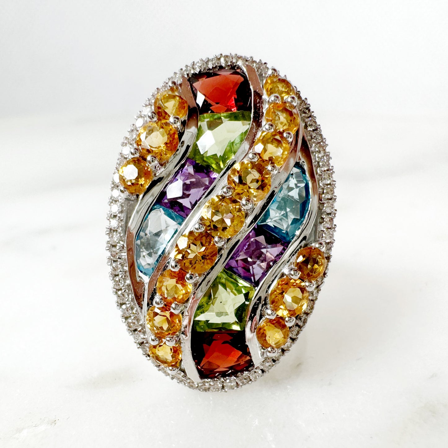 14K White Gold Freeform Multi-Gems Ring with Diamonds