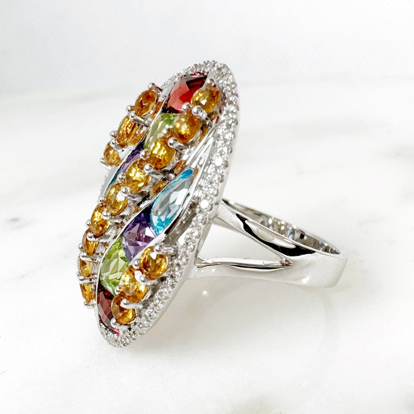 14K White Gold Freeform Multi-Gems Ring with Diamonds