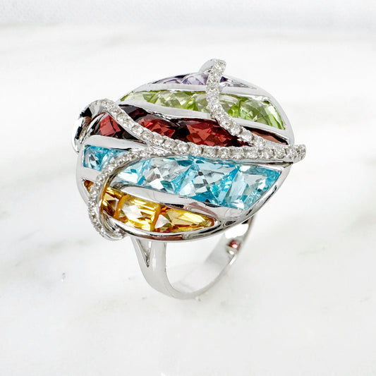 18K White Gold Freeform Multi-Gems Ring with Diamonds