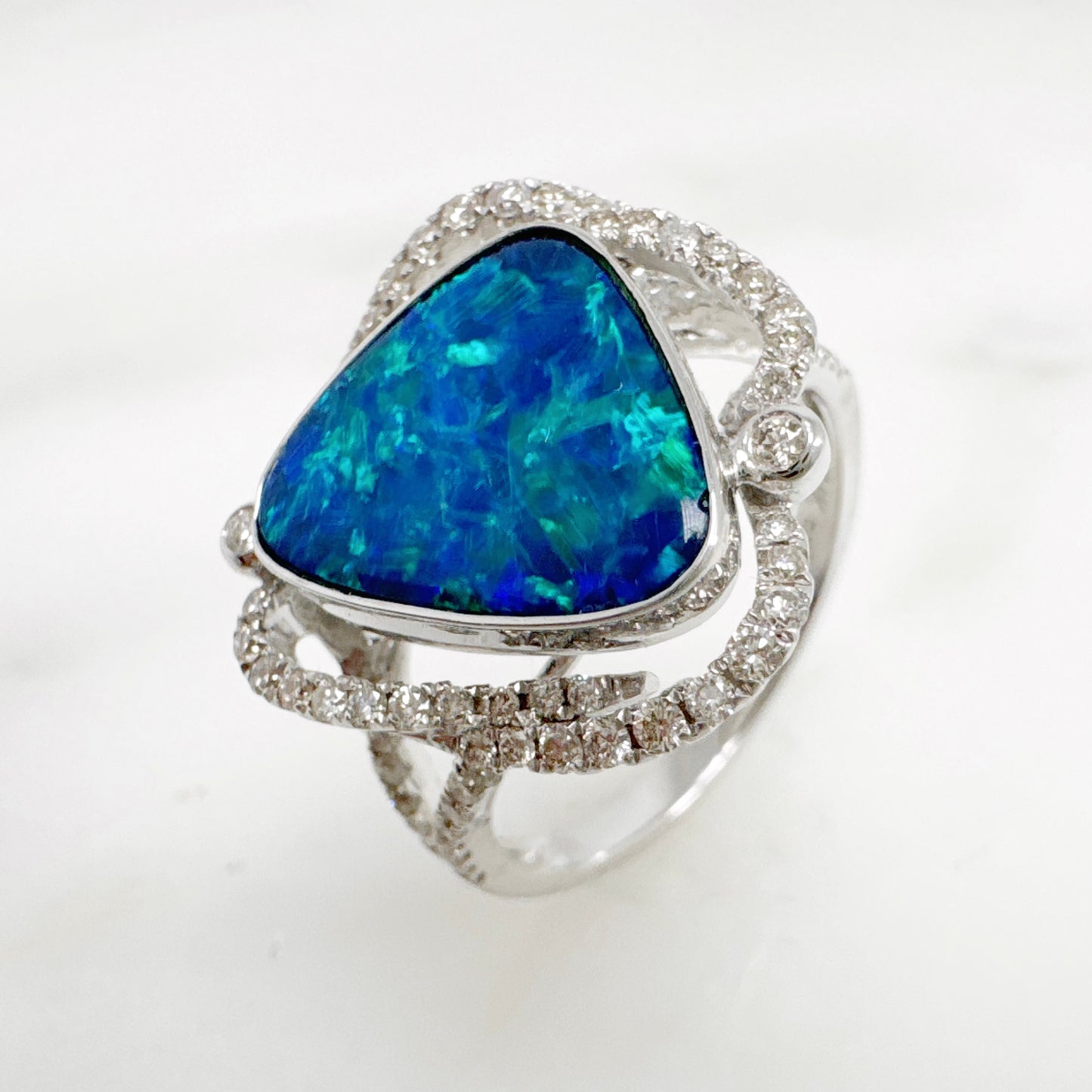 14K White Gold Freeform Australian Doublet Opal Ring with Diamonds