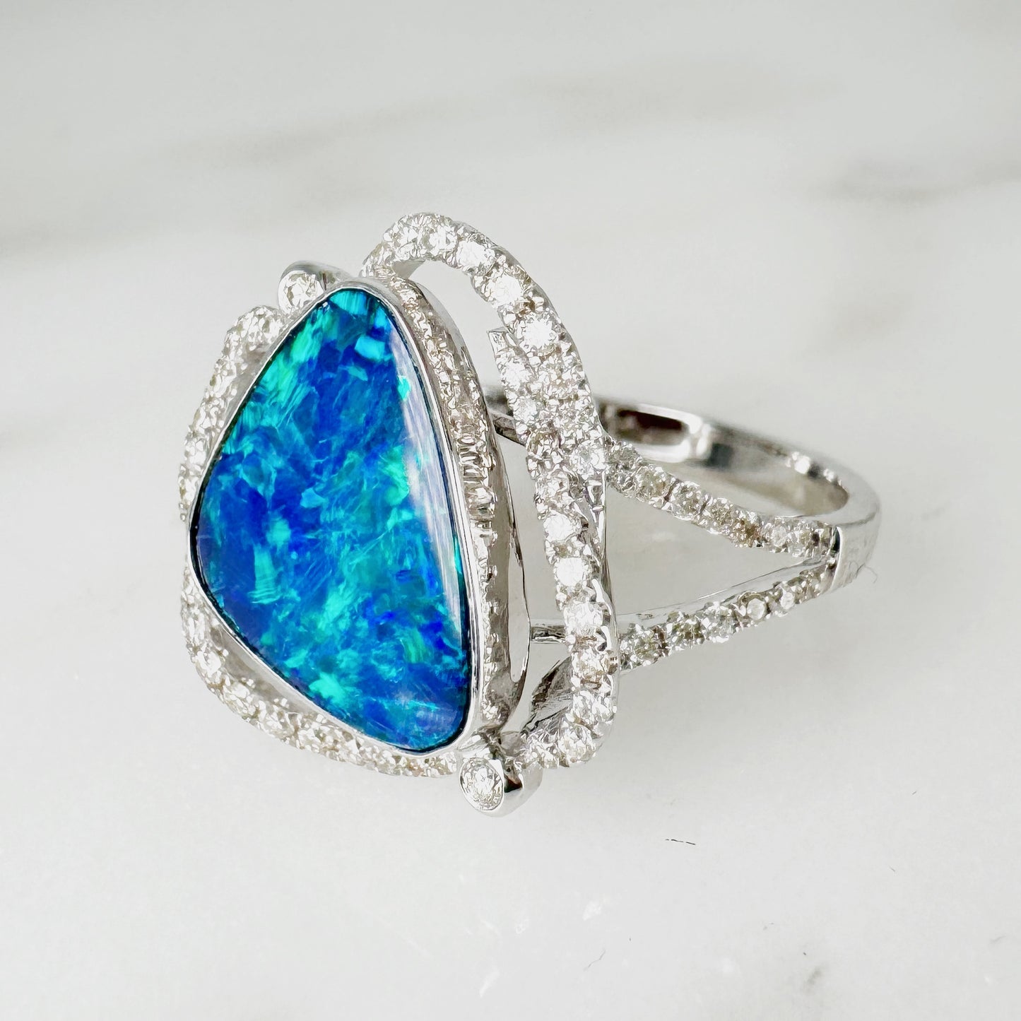 14K White Gold Freeform Australian Doublet Opal Ring with Diamonds