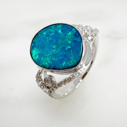 14K White Gold Freeform Australian Doublet Opal Ring with Diamonds