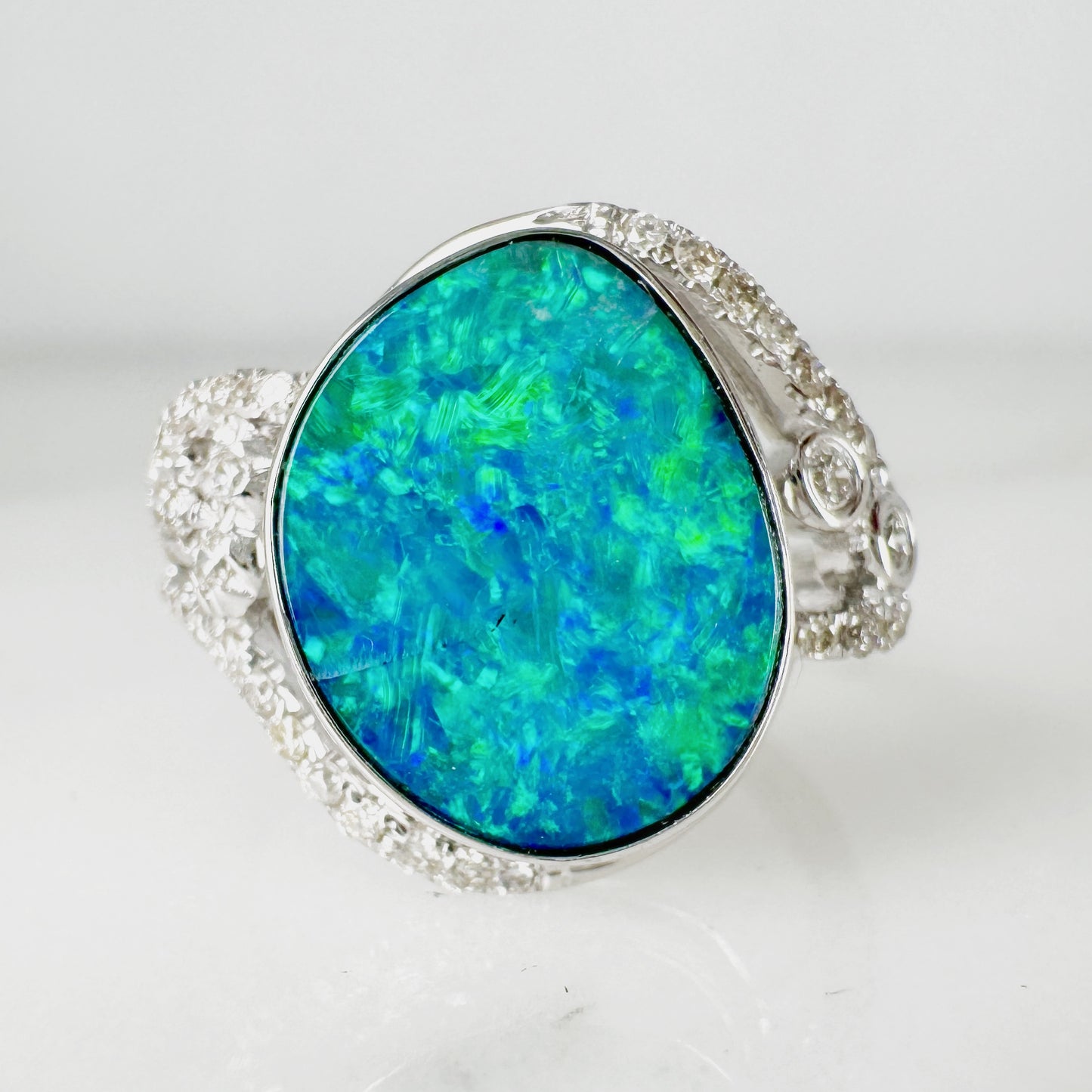 14K White Gold Freeform Australian Doublet Opal Ring with Diamonds