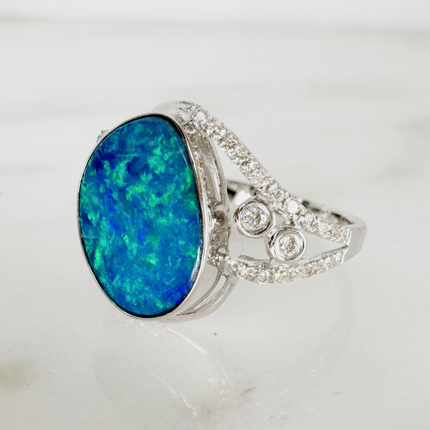 14K White Gold Freeform Australian Doublet Opal Ring with Diamonds