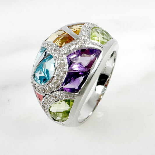 14K White Gold Freeform Multi-Gems Ring with Diamonds