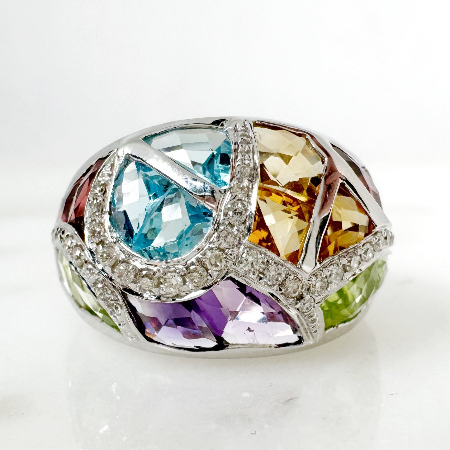 14K White Gold Freeform Multi-Gems Ring with Diamonds