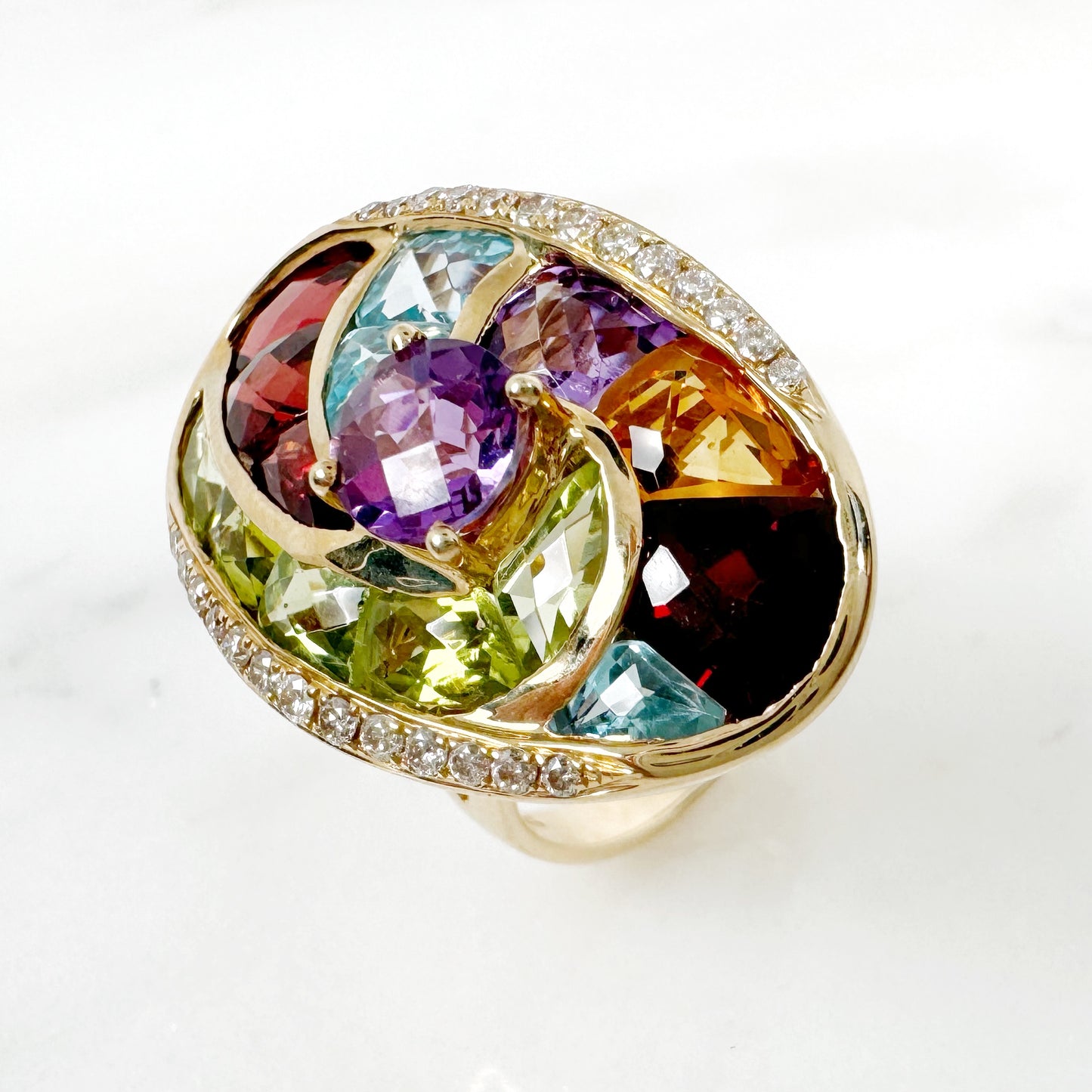 14K Yellow Gold Freeform Multi-Gems Ring with Diamonds