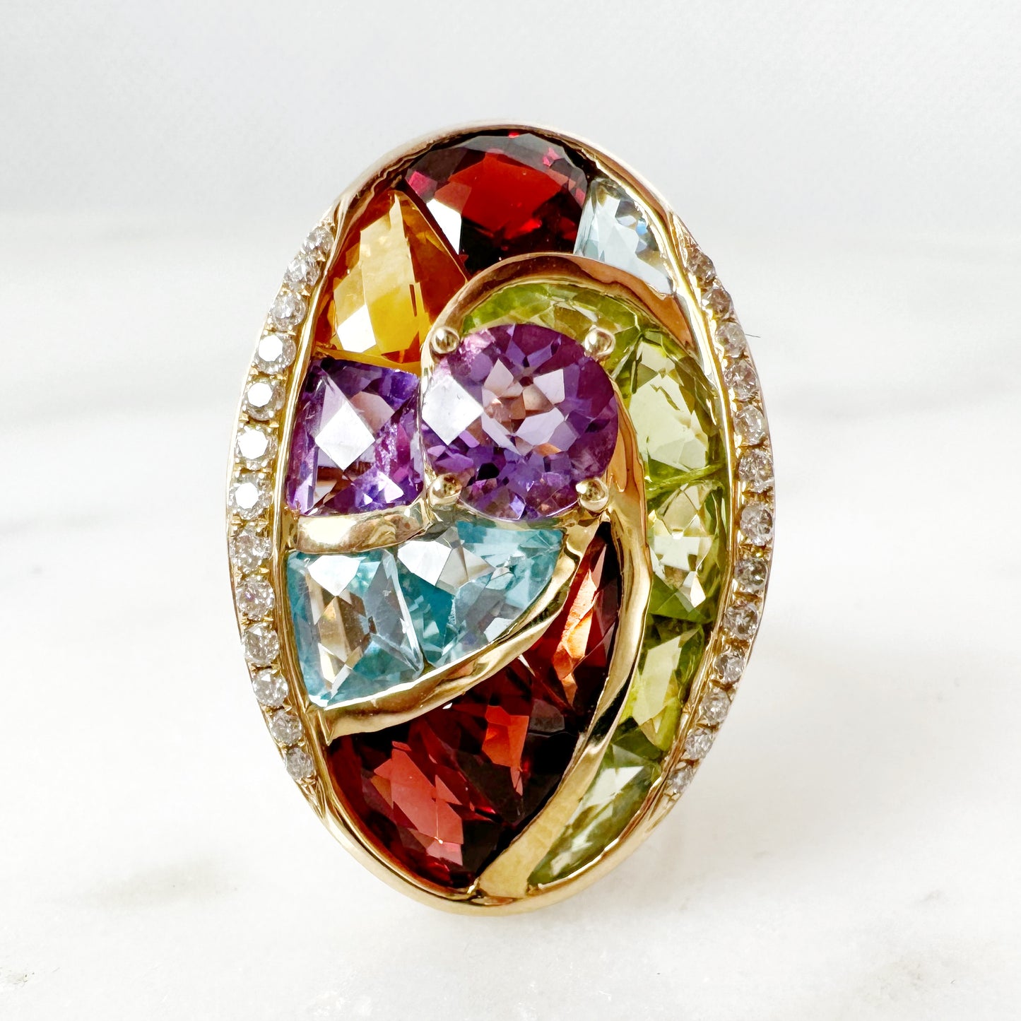 14K Yellow Gold Freeform Multi-Gems Ring with Diamonds