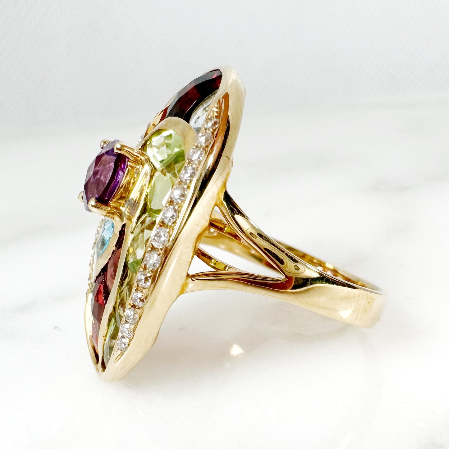 14K Yellow Gold Freeform Multi-Gems Ring with Diamonds