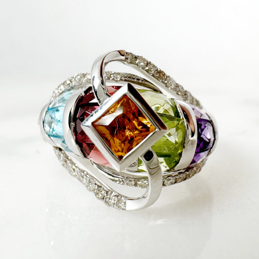 14K White Gold Freeform Multi-Gems Ring with Diamonds