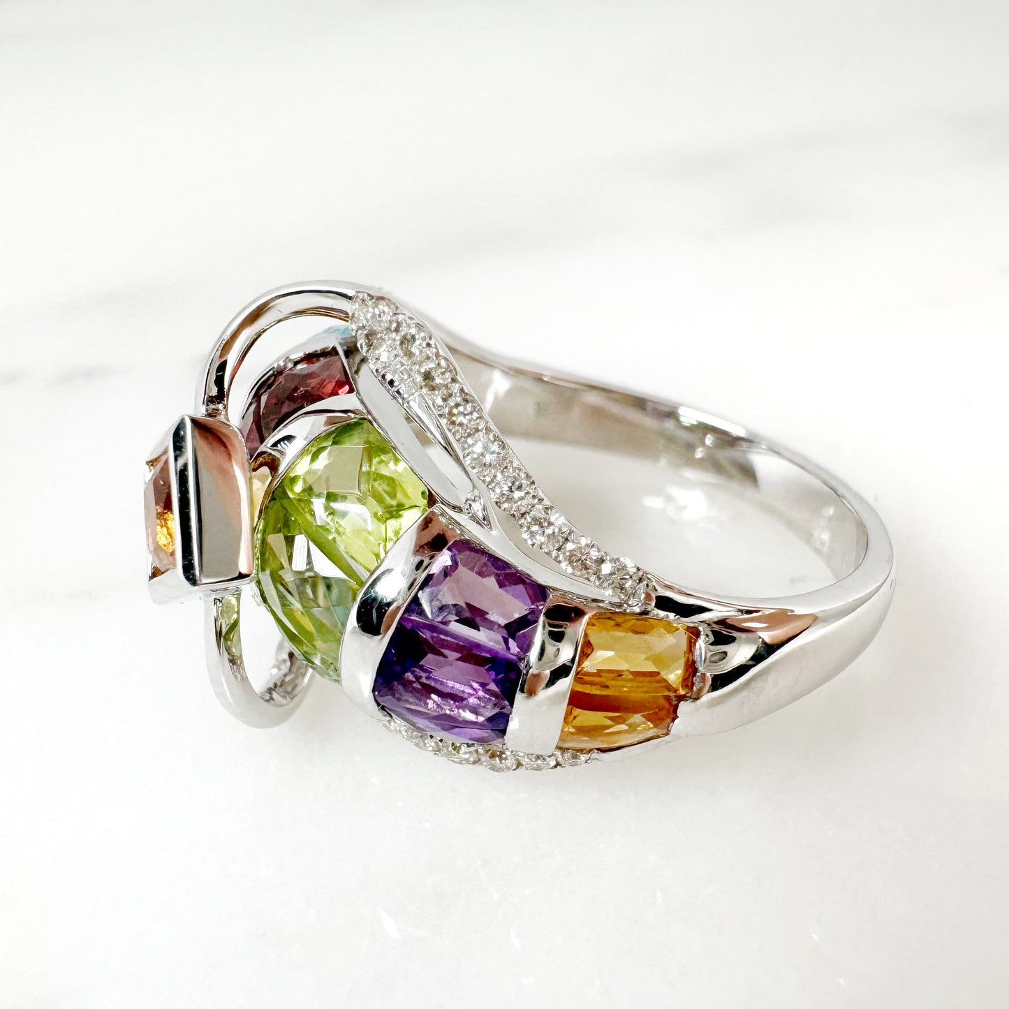 14K White Gold Freeform Multi-Gems Ring with Diamonds