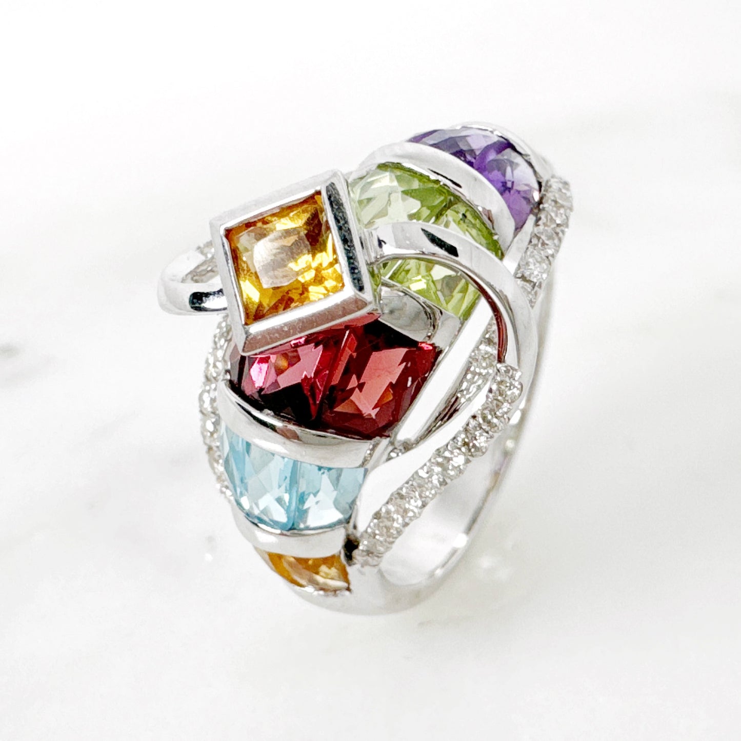 14K White Gold Freeform Multi-Gems Ring with Diamonds