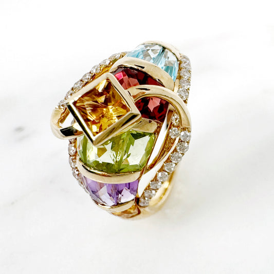 14K Yellow Gold Freeform Multi-Gems Ring with Diamonds