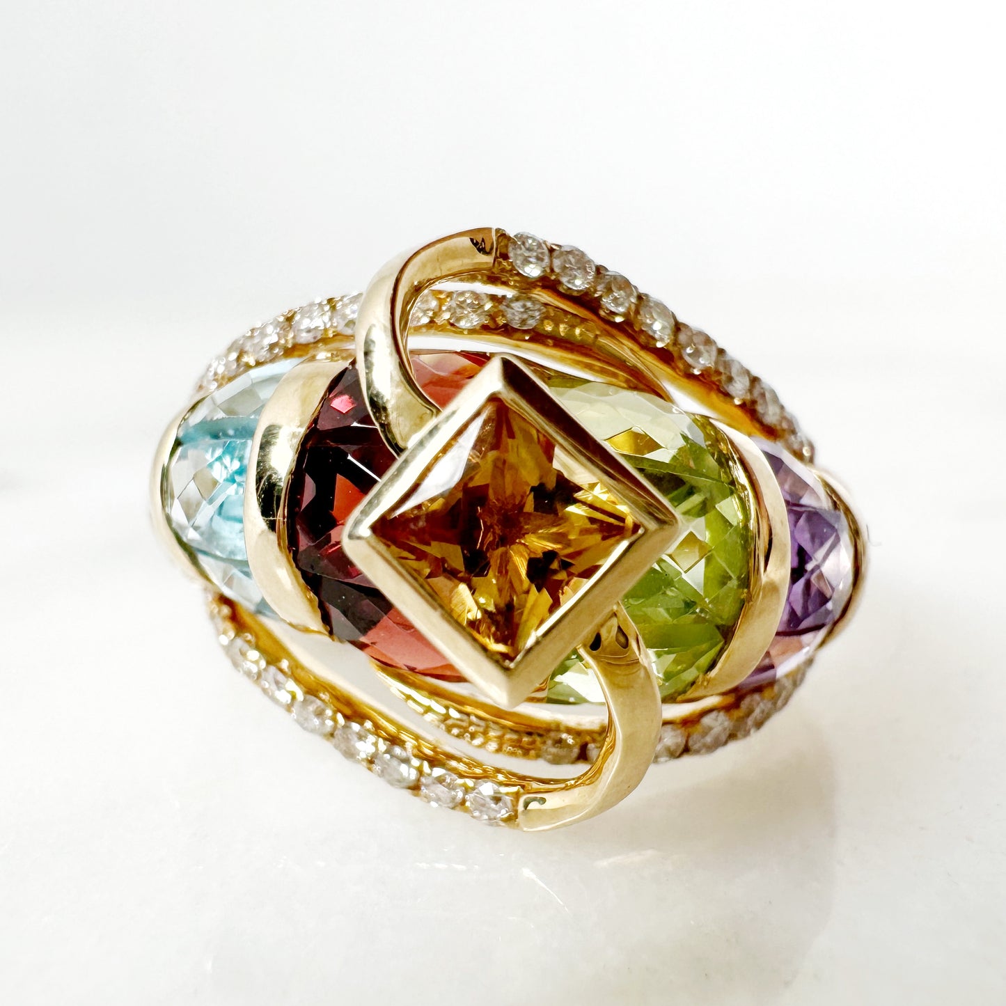 14K Yellow Gold Freeform Multi-Gems Ring with Diamonds