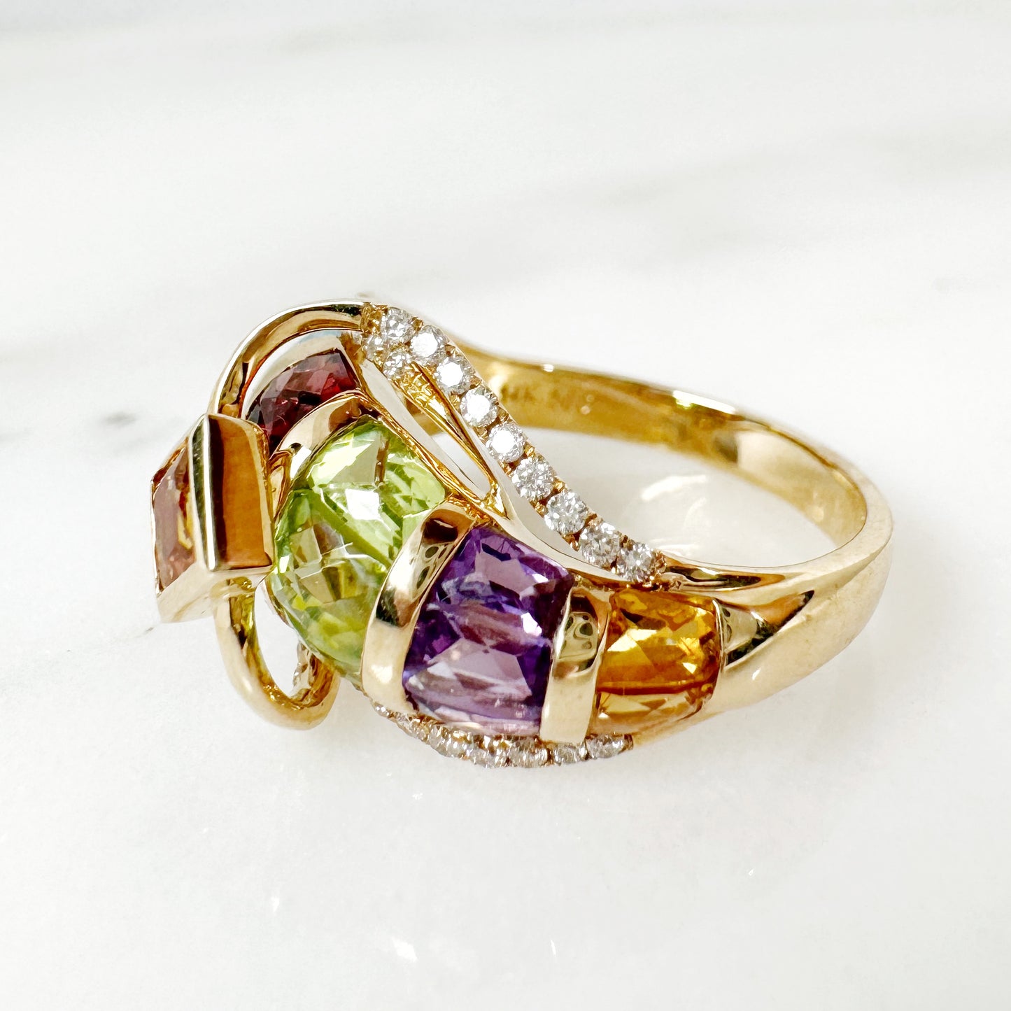 14K Yellow Gold Freeform Multi-Gems Ring with Diamonds