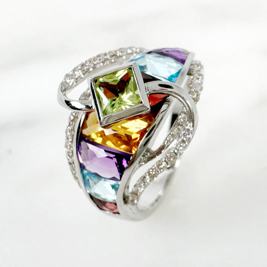 14K White Gold Freeform Multi-Gems Ring with Diamonds