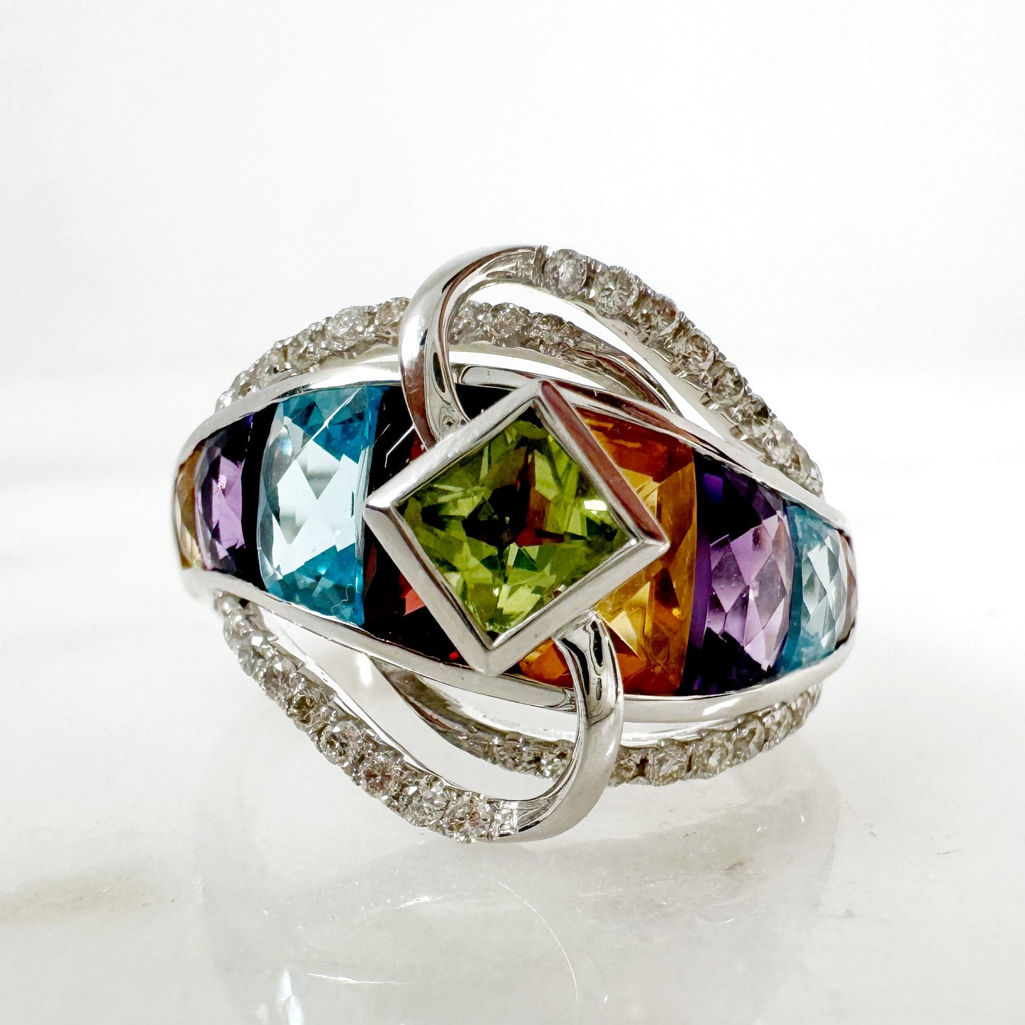 14K White Gold Freeform Multi-Gems Ring with Diamonds