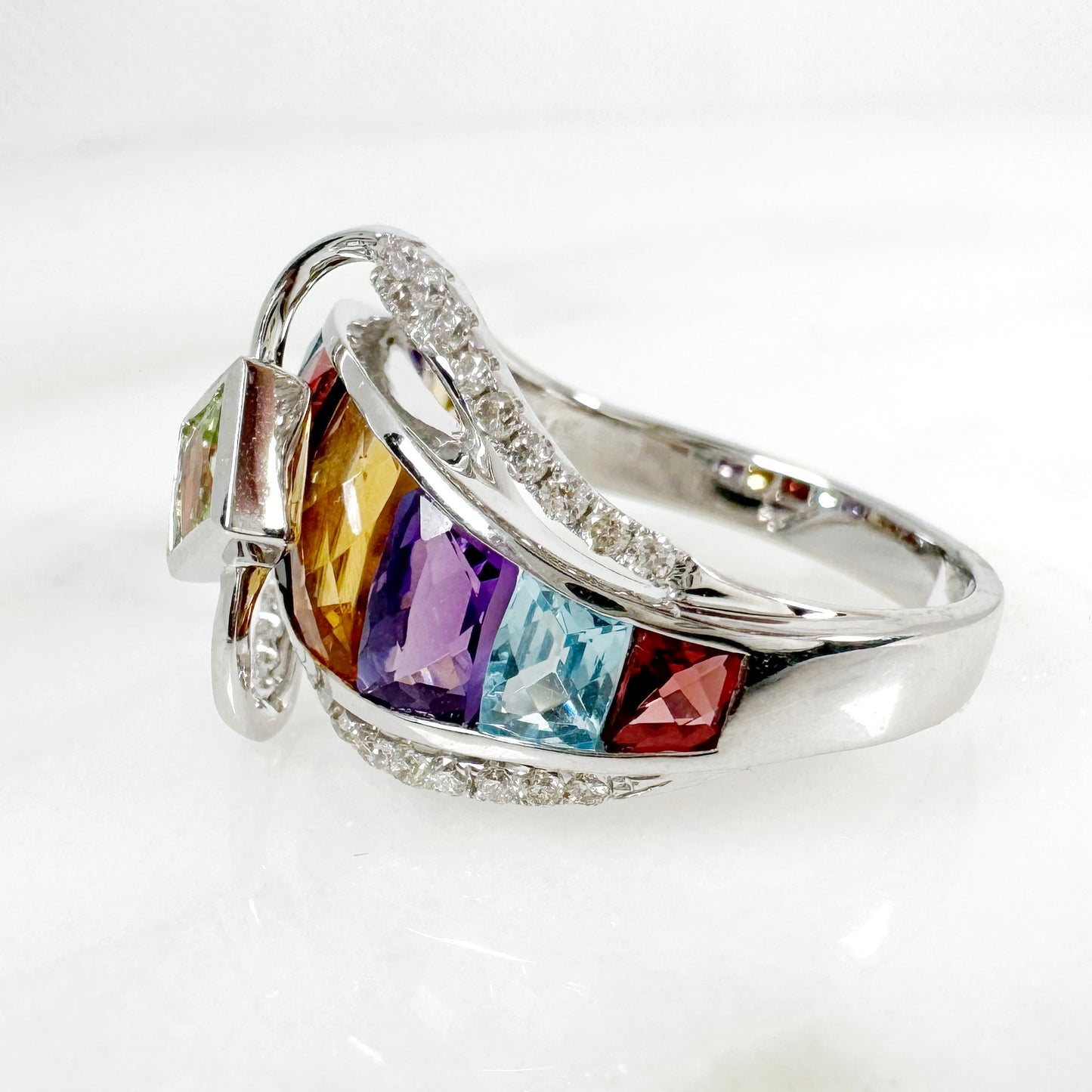 14K White Gold Freeform Multi-Gems Ring with Diamonds