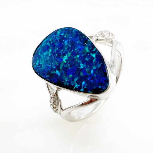 14K White Gold Freeform Australian Doublet Opal Ring with Diamonds