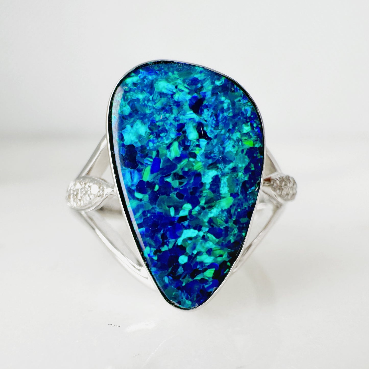 14K White Gold Freeform Australian Doublet Opal Ring with Diamonds