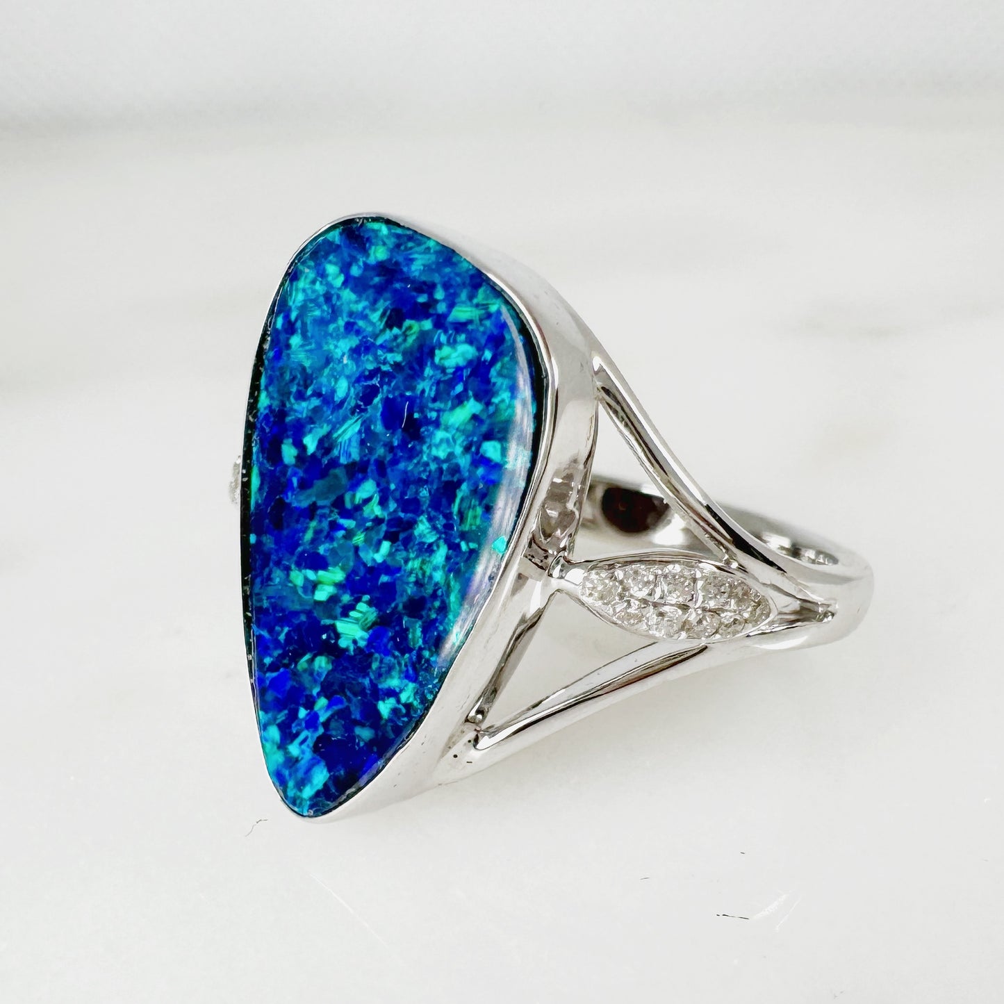 14K White Gold Freeform Australian Doublet Opal Ring with Diamonds