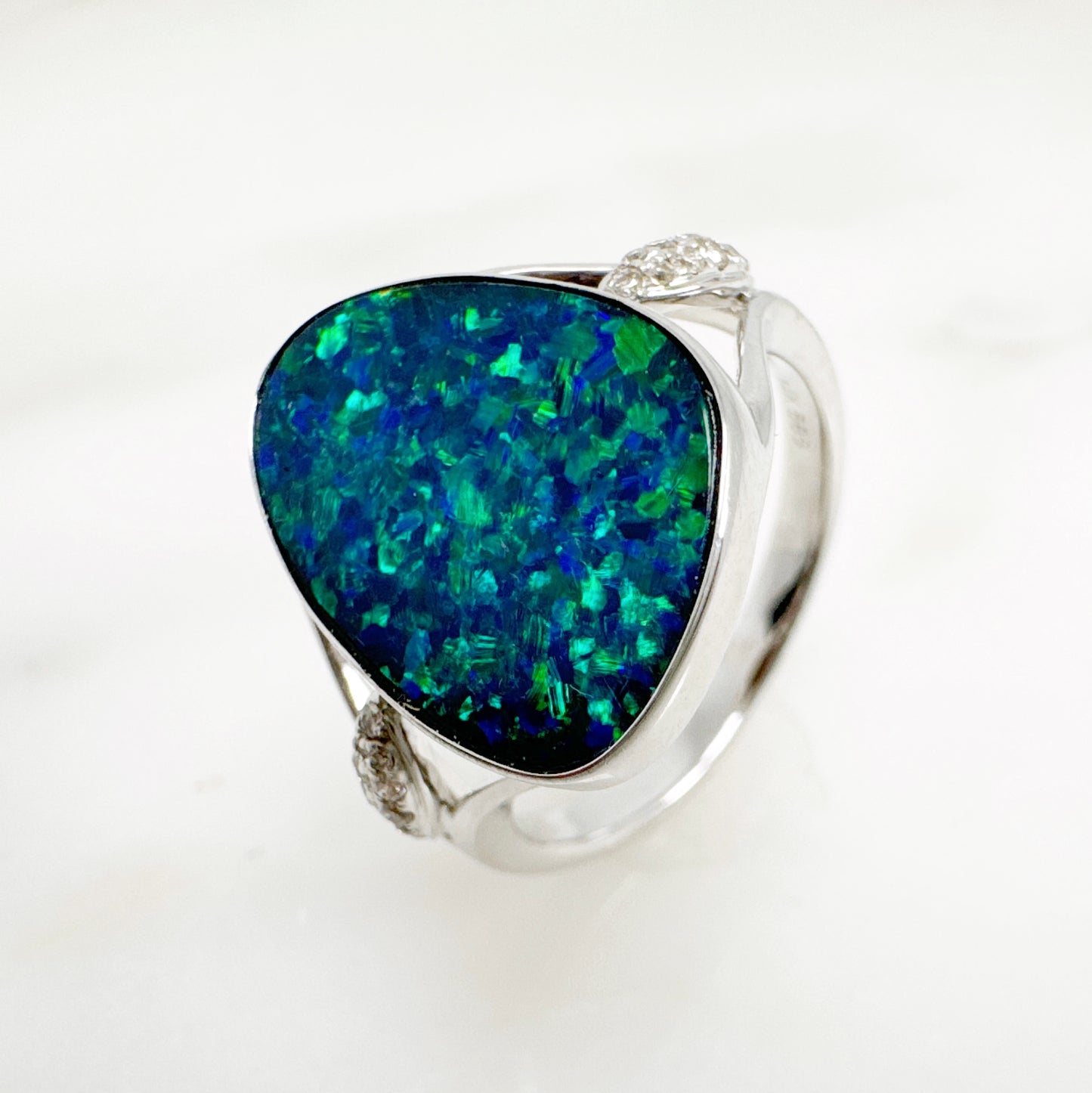 14K White Gold Freeform Australian Doublet Opal Ring with Diamonds