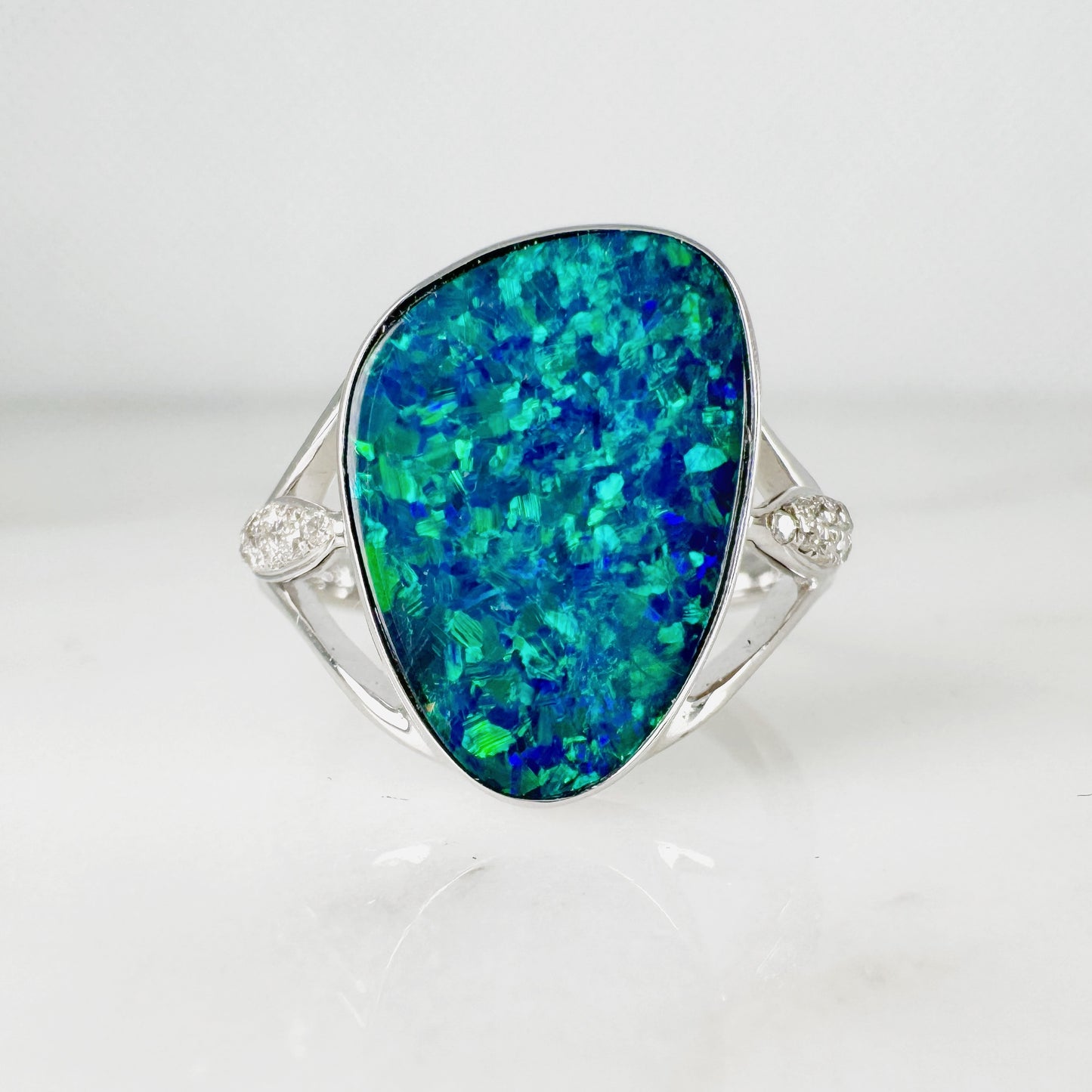 14K White Gold Freeform Australian Doublet Opal Ring with Diamonds