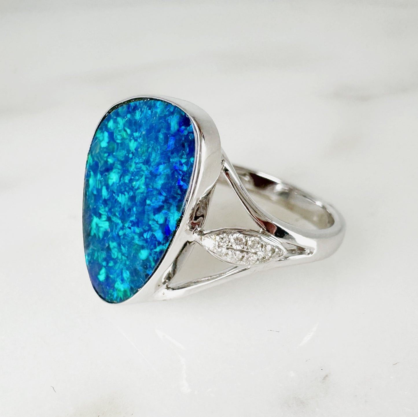 14K White Gold Freeform Australian Doublet Opal Ring with Diamonds