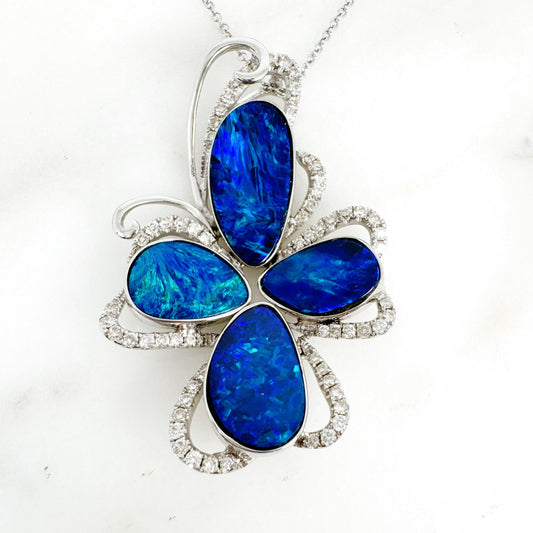 14K White Gold Freeform Doublet Opal Pendant with Diamonds