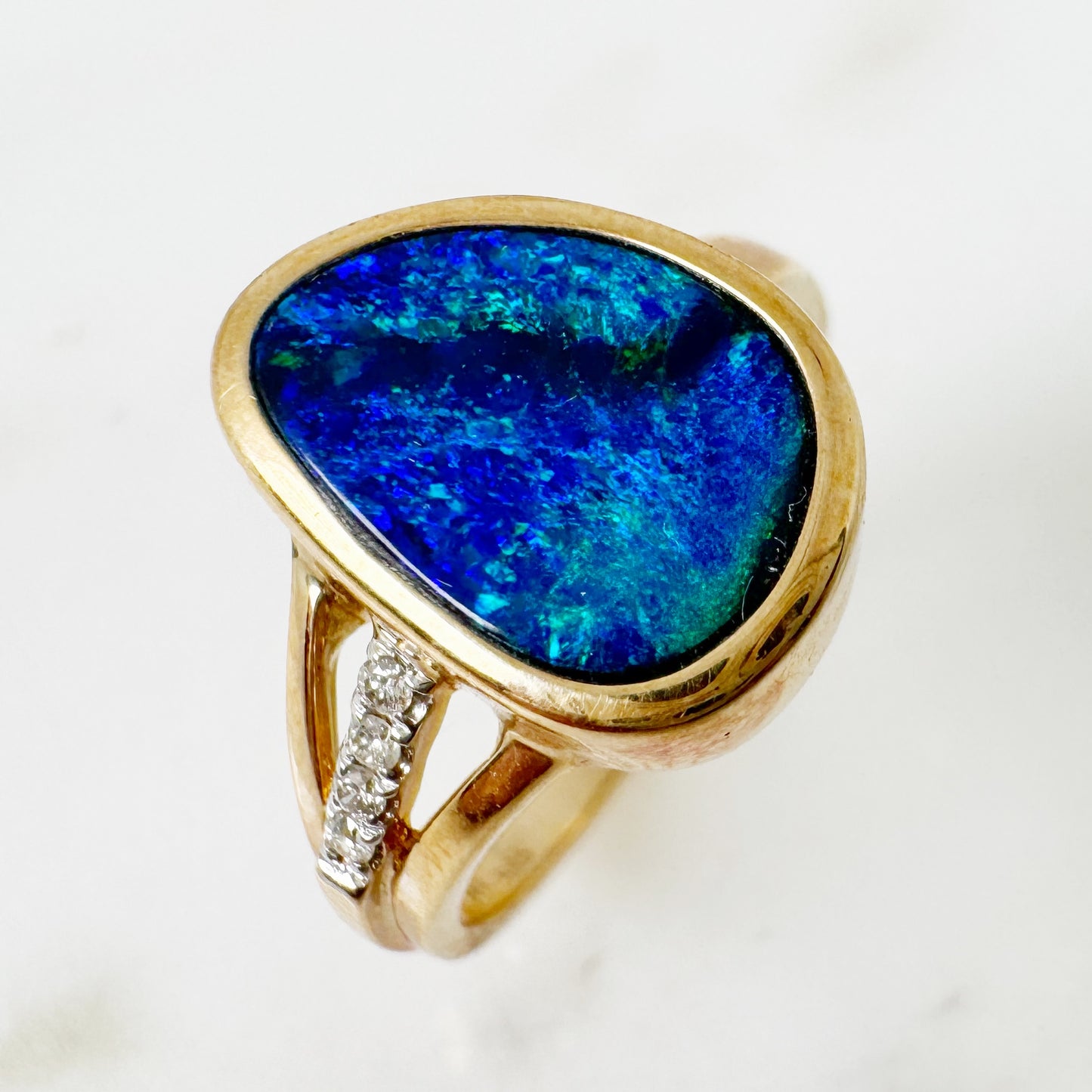 14K Yellow Gold Freeform Australian Doublet Opal Ring with Diamonds