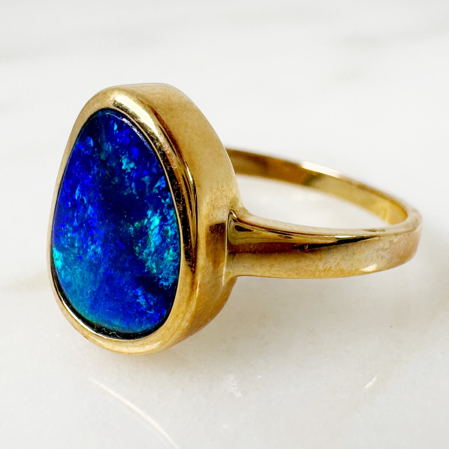 14K Yellow Gold Freeform Australian Doublet Opal Ring with Diamonds