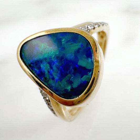 14K Yellow Gold Freeform Australian Doublet Opal Ring with Diamonds