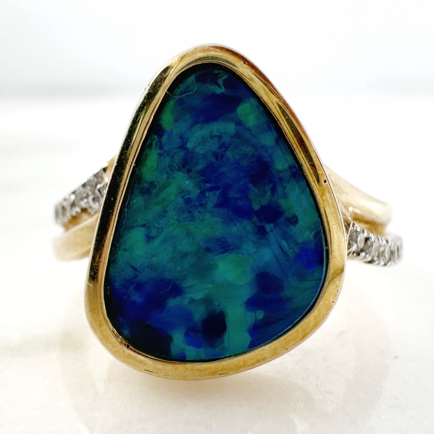 14K Yellow Gold Freeform Australian Doublet Opal Ring with Diamonds