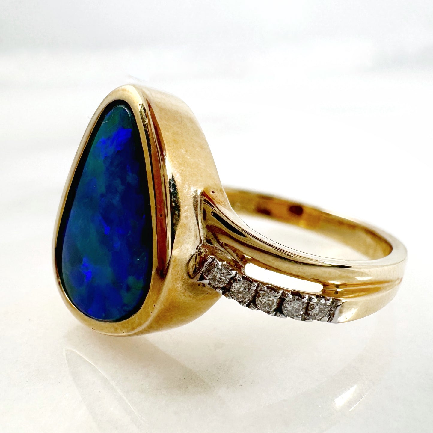 14K Yellow Gold Freeform Australian Doublet Opal Ring with Diamonds