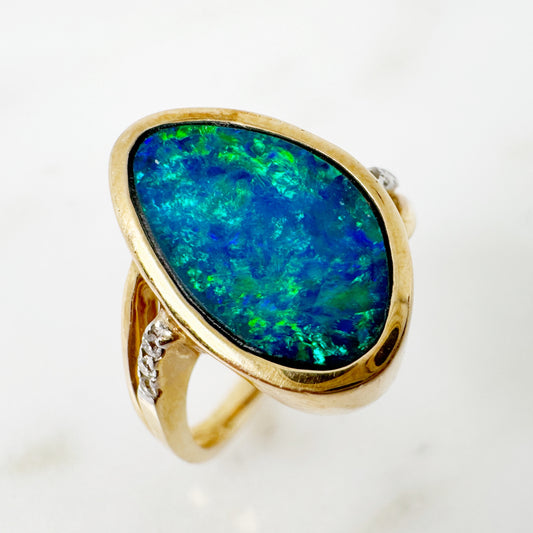 14K Yellow Gold Freeform Australian Doublet Opal Ring with Diamonds