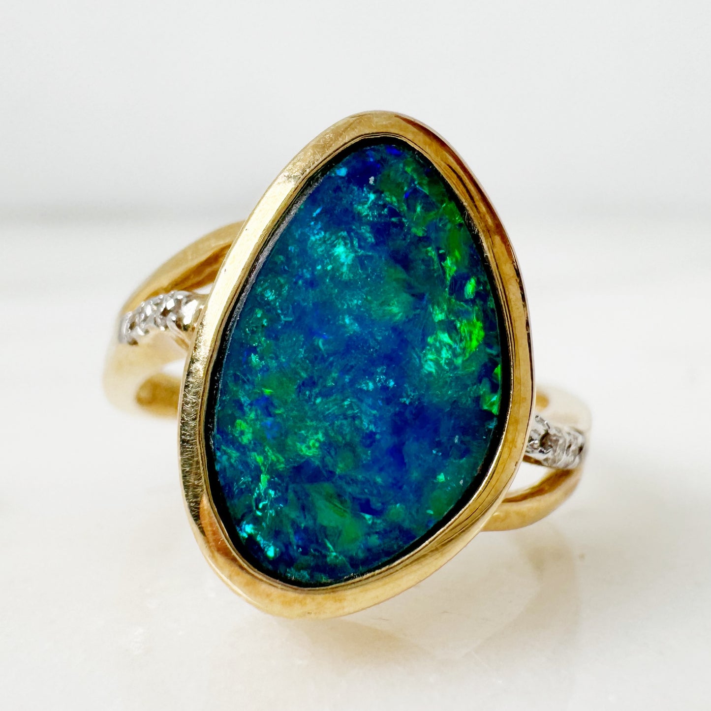 14K Yellow Gold Freeform Australian Doublet Opal Ring with Diamonds