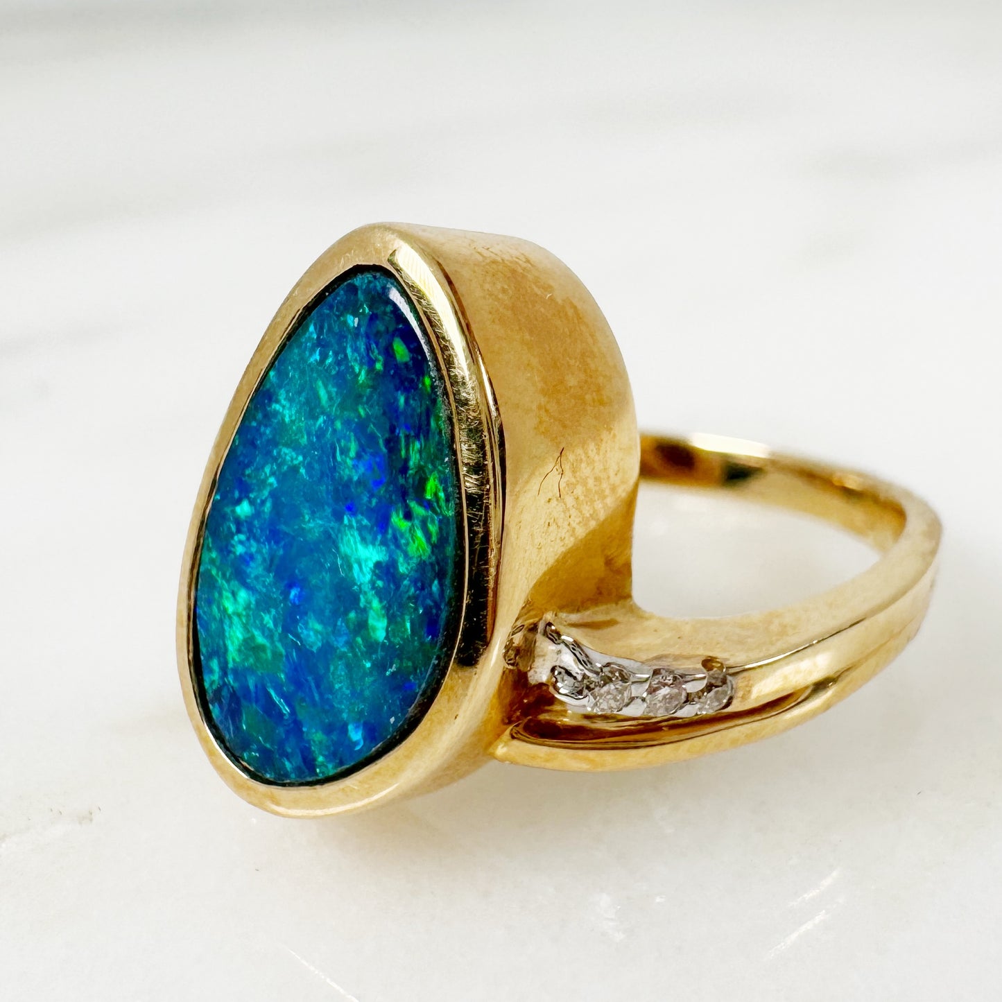 14K Yellow Gold Freeform Australian Doublet Opal Ring with Diamonds